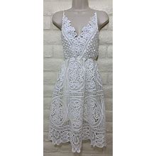 Womens XS Crochet Overlay White Lined Dress, Lace Up Tie Back, Elastic Waist
