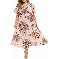 Htnbo Plus Size Floral Flowy Dresses Women Cold Shoulder Short Sleeve Straps V Neck Maxi Dress