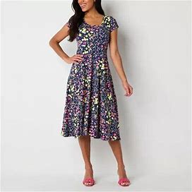 Studio 1 Petite Short Sleeve Floral Midi Fit + Flare Dress | Blue | Petites Petite Medium | Dresses Fit + Flare Dresses