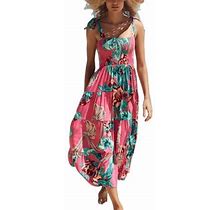 Womens Floral Bohemian Mini Dress Spaghetti Straps Sleeveless Boho Beach Long Maxi Dress Casual Swing Summer Midi Dresses