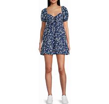 Xtraordinary Short Sleeve Sweetheart Neckline Floral Chiffon Babydoll Dress, Womens, Juniors, XL, Denim/White