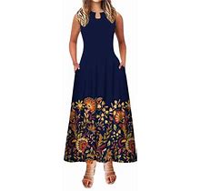Manxivoo Summer Dress Women A Line Dress Summer Maxi Long Dress Sleeveless Print With Pocket Round Neck Stylish Work Elegant Dress Party Dress Blue