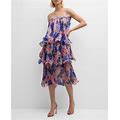 Gigii's Neveda Pleated Floral-Print Tiered Midi Dress, Blue Bloom Patter, Women's, XS, Cocktail & Party Wedding Guest Dresses Midi Dresses