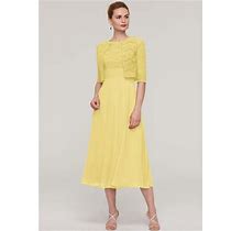 STACEES Tea-Length Chiffon Mother Of The Bride Dress STACEES Mother Of The Bride Dress With Lace Jacket - Daffodil