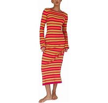 Women Knit Dress, Long Sleeve Backless Striped Fall Long Dress
