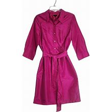 Talbots Dresses | Talbots Sz 10 Belted Shirt Dress Hot Pink Barbie Secretary Midi Dress Pockets | Color: Pink | Size: 10