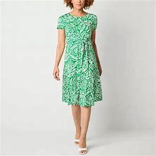 Perceptions Petite Short Sleeve Floral Midi Fit + Flare Dress | Green | Petites Petite Medium | Dresses Fit + Flare Dresses | Easter Fashion