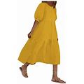 Ovbmpzd Women's Loose Solid Puff Sleeve O-Neck Casual Short Sleeves Maxi Dress Boho Beach Sundress Yellow 4XL