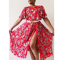 Vintage DIANE FREIS 1980S Plus Size Designer "The Georgette" Bohemian Red Floral Drop Waist Jacquard Polyester Midi Dress Sz Large