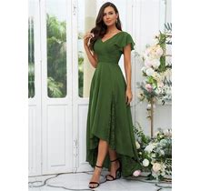 A-Line High-Low Moss Chiffon Lace V-Neck Bridesmaid Dress 2024