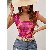 Women's Vacation Style Floral Print Flying Sleeve T-Shirt,L