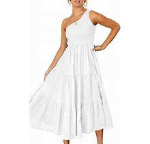 Kelsidress One Shoulder Sleeveless Ruched Ruffle Swing Dress S-White