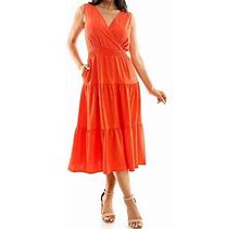 Nina Leonard Tiered Smocked Midi Dress Orange Womens Size Small Sleeveless Flowy