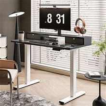 Inbox Zero Lysandre Home Office Height Adjustable Standing Desk W/ 2 Drawers Wood/Metal In White/Black | 48.6 H X 47.3 W X 23.6 D In | Wayfair