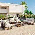 Outdoor All-Weather 7-Piece Conversation Sofa Set With Gray Cushions - White