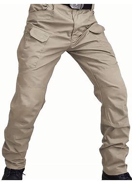 Men's Solid Waterproof Tactical Pants, Durable Combat Cargo Pants With Multi Pockets For Outdoor,Khaki,Temu
