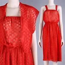 Vintage Dresses | M/L Vintage 70S Red Sheer Lace Dress & Bolero Set | Color: Red | Size: M