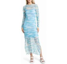 Dressed In Lala Long Sleeve Ruched Mesh Dress In Clouds At Nordstrom, Size Xx-Large