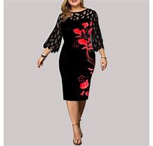Women Floral 3/4 Sleeve Bodycon Evening Cocktail Party Mini Dress