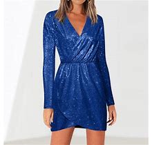 Haxmnou Holiday Dresses For Women Deep V Neck Wrap Ruched Long Sleeve Nightclub Dress Party Dress Long Sleeve Dress For Women Blue S