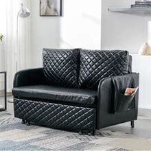 Convertible Sleeper Sofa Modern Loveseat Couch With Pull Out Bed, Small Love Seat Futon With Side Pockets For Living Room - Black Faux Leather
