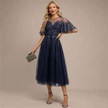 JJ's House A-Line Scoop Illusion Tea-Length Tulle Lace Party Dress With Sequins