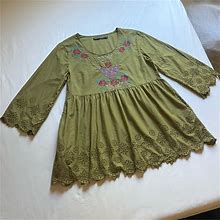 Gudrun Sjoden Tops | Gudrun Sjoden Olive Army Green Long Sleeve Eyelet Floral Embroidered Tunic | Color: Green | Size: S