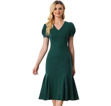 V-Neck Dress For Women's Puff Sleeve Elegant Mermaid Dress Maxi Dress, Size: Medium, Green