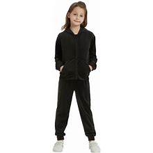 Bobo Bloom Tracksuit For Girls Velvet Sports Suit Hooded Teen Sweatshirt Zipper Little Girls Tracksuit Set Pants Casual Suit Black 120
