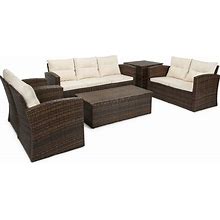 Edyo Living 6-Piece Brown Wicker Patio Furniture Conversation Seating Set, Beige ,