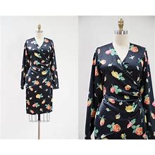 Ungaro Black Silk Dress | 90S Vintage Ungaro Solo Donna Liquid Silk Charmeuse Floral Surplice Wrap Style Long Sleeve Dress