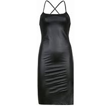 Gupgi Women Party Nightclub Suspender Mid-Length Dress Leather Bandage Backless Skinny Split Dress