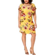 Planet Gold Womens Plus Kylie Scoop Neck Floral Print Mini Dress Yellow 3X