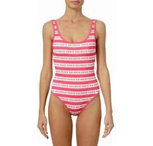 Balmain Women's New Iconic Striped Logo One-Piece Swimsuit - Pink White - Size 14