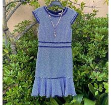 Rebecca Taylor Navy Blue And White Tweed Dress With Frayed Details Sz