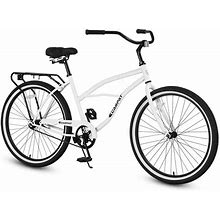 White 26 in. Beach Cruiser Bike For Men And Women Steel Frame Single Speed Drivetrain Upright Comfortable Rides
