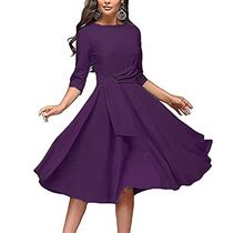 Fenjar Womens Elegance Audrey Hepburn Style Ruched Dress Round Neck 34 Sleeve Swing Midi Aline Dresses Purple, X-Large