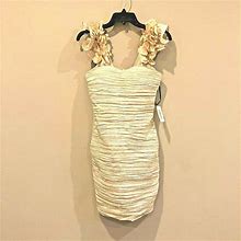 Forever 21 Dresses | Champagne Metallic Floral Ruffle Shoulder Dress M | Color: Cream/Gold | Size: M