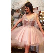 Short Empire Bow Sleeveless Homecoming Plunged Prom Dress With Beaded Top - Blush, Size 8 By Dorris Wedding