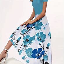 Print & Floral Print Scoop Neck Colorblock Dress, Women's Elegant Women's Clothing Midi Dress,Sky Blue,Great Value,Temu