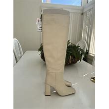 Zara 100% Leather Knee-High Heeled Boots Msrp $169| Off-White | Us 5