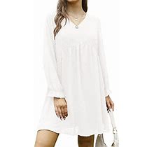 Qixing Womens Dresses Long Sleeves Fall Mini Dress V Neck Flowy Casual Swiss Dot Loose Fit Babydoll Dress White6, 02-White