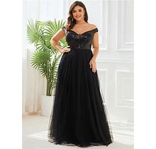 Ever-Pretty Ever-Pretty Plus Size Long Sequin Special Occasion Dress Tulle Dress In Black Size 24