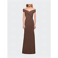La Femme Off The Shoulder Jersey Dress With Ruching - Brown - 16
