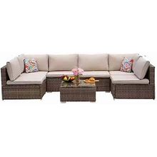 Sudzendf 7-Piece Brown Wicker Outdoor Sectional Set With Beige Cushions And Table