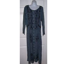 Bohemian Boho Long Dress Blue Embroidered Vintage Rayon Women's Size