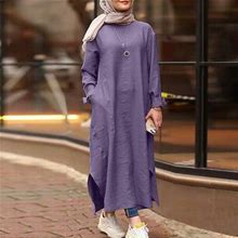 Elfindea Dresses For Women 2024 Plus Size Dresses Retro Long Sleeve Solid Color Round Neck Maxi Purple 2X