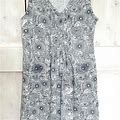 Chadwicks Sleeveless Linen Blend Dress White Navy Blue Floral Pleated Size Large - Women | Color: Blue | Size: L