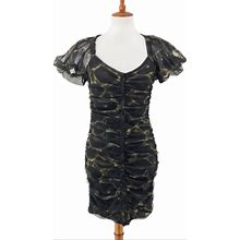Topshop Dresses | Topshop Green & Brown Camouflage Ruched Mesh Lined Dress Puff Sleeves 6 Petite | Color: Brown/Green | Size: 6P