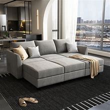 HONBAY Modular Sectional Sofa With Storage Seats, Convertible Sleeper Sectional Modular Couch For Living Room, Grey